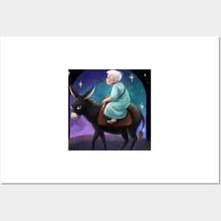 Elderly Woman Riding a Donkey Posters and Art